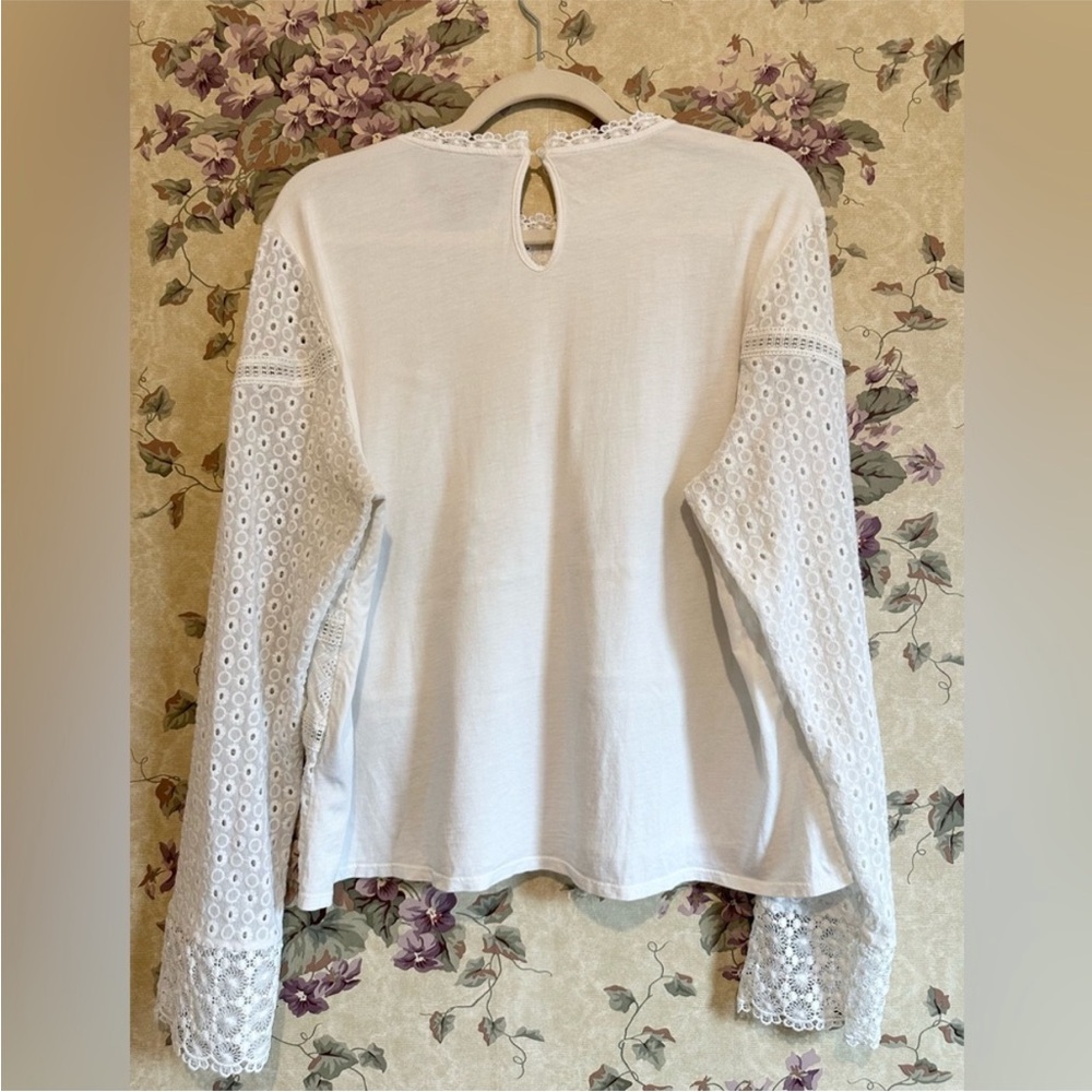 🌼 Anthropologie James Coviello White Eyelet Lace long sleeve Peasant Blouse XL - Picture 7 of 13